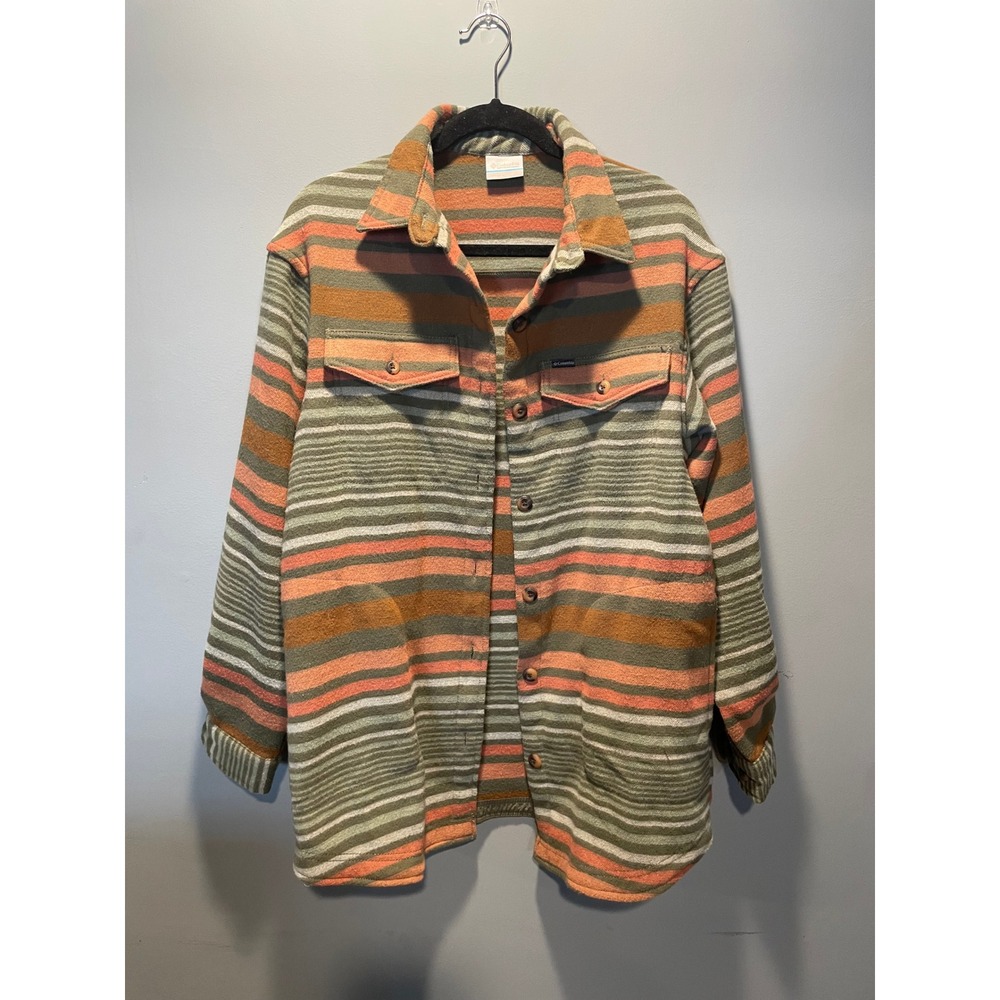 Columbia Womens Striped Flannel Shacket Olive Orange Grandmacore M ALS5515